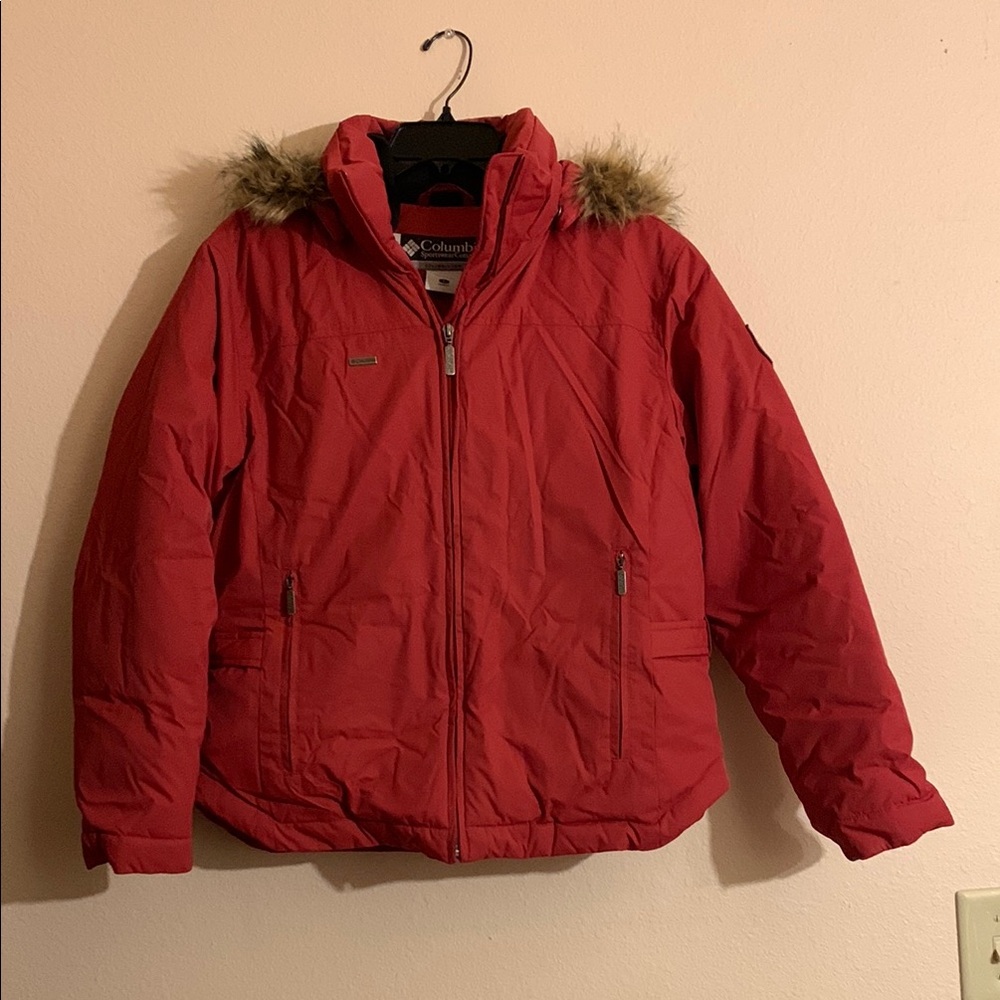 Columbia Orange Winter Jacket with Faux Fur Trim
